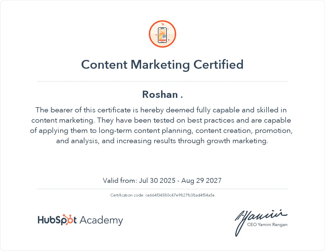 content marketing certificate of top freelance digital marketer in alappuzha