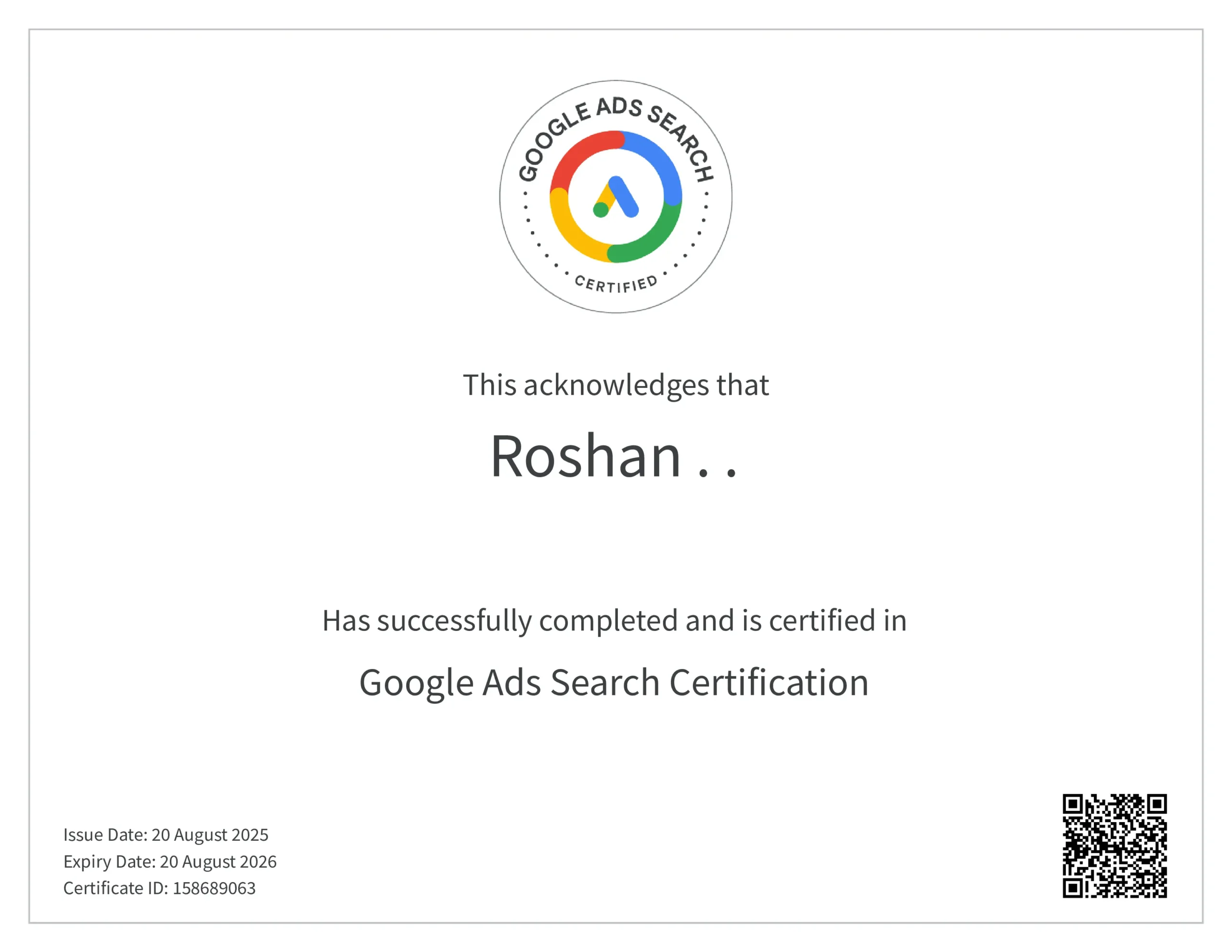 google ads search certificate of the best digital marketer in alappuzha