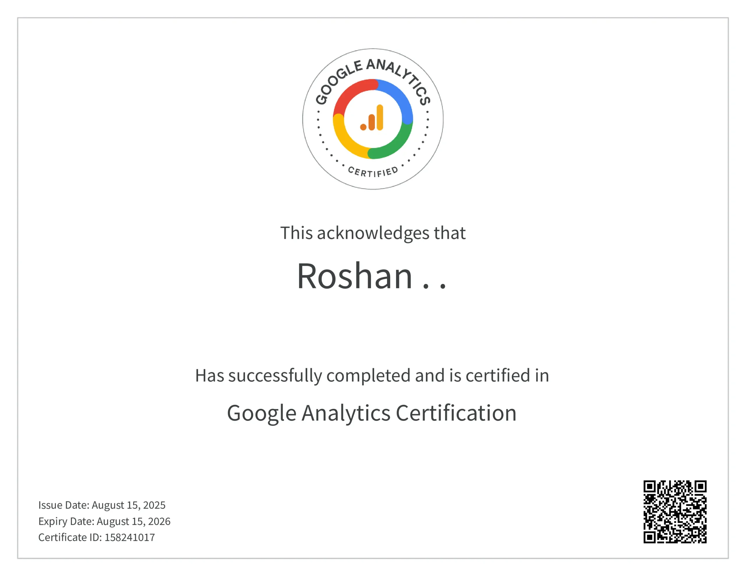 google analytics certificate of freelance digital marketer in alappuzha